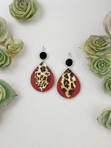 Black Druzy Agate and Cranberry and Leopard Leather Earrings - E19-2910