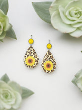 Load image into Gallery viewer, Druzy Agate and Sunflower Leopard Leather Earrings - E19-2935