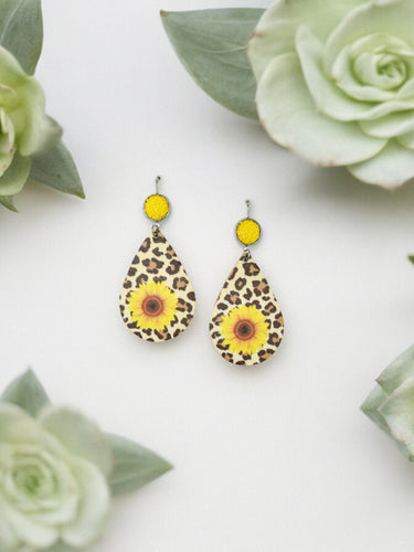 Druzy Agate and Sunflower Leopard Leather Earrings - E19-2935