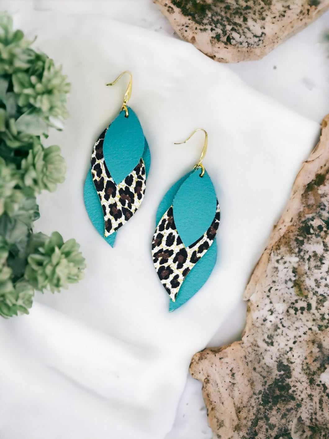 Aqua and Leopard Leather Earrings - E19-2948