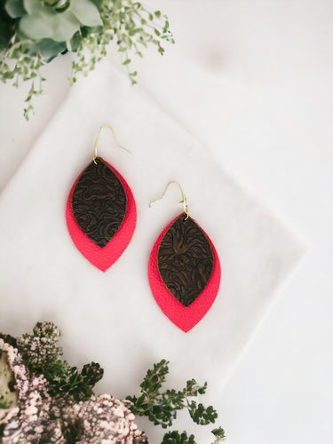 Coral Leather and Chocolate Embossed Leather Earrings - E19-2950