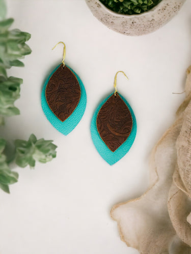 Aqua Leather and Brown Embossed Leather Earrings - E19-2953