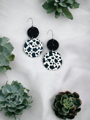 Chunky Glitter and Black & White Spotted Cow Leather Earrings - E19-2959