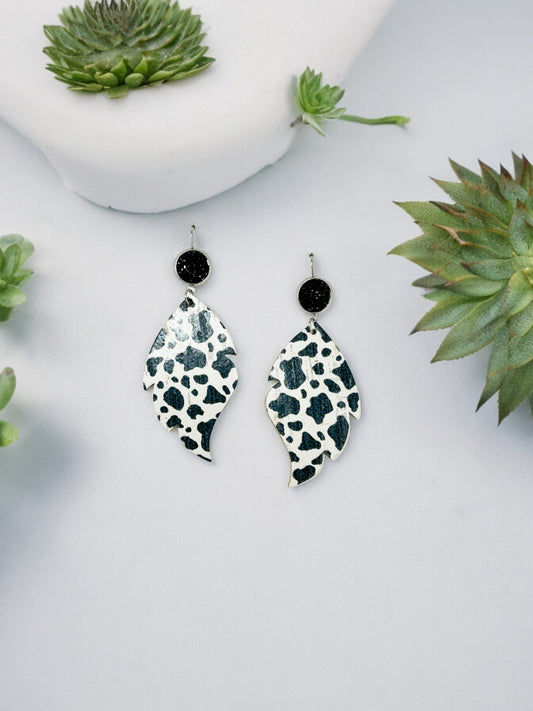 Druzy Agate and Black & White Spotted Cow Leather Earrings - E19-2962