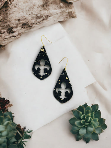 Black and Gold Cork Fleur De Lis Earrings - E19-2997