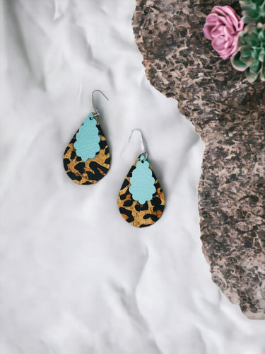 Leopard Cork and Teal Leather Earrings - E19-3005