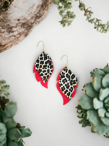 Coral and Cheetah Leather Earrings -E19-3035