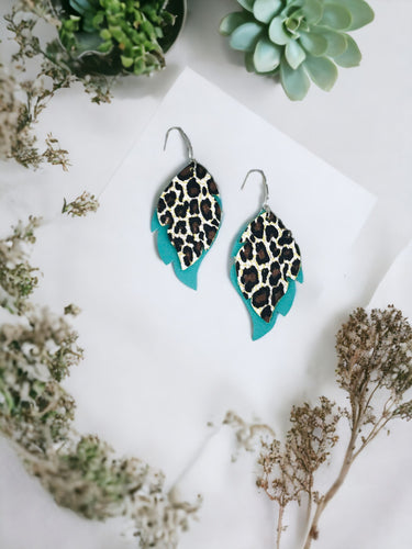 Aqua and Cheetah Leather Earrings - E19-3046