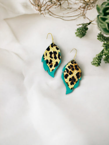 Aqua and Cheetah Leather Earrings - E19-3050