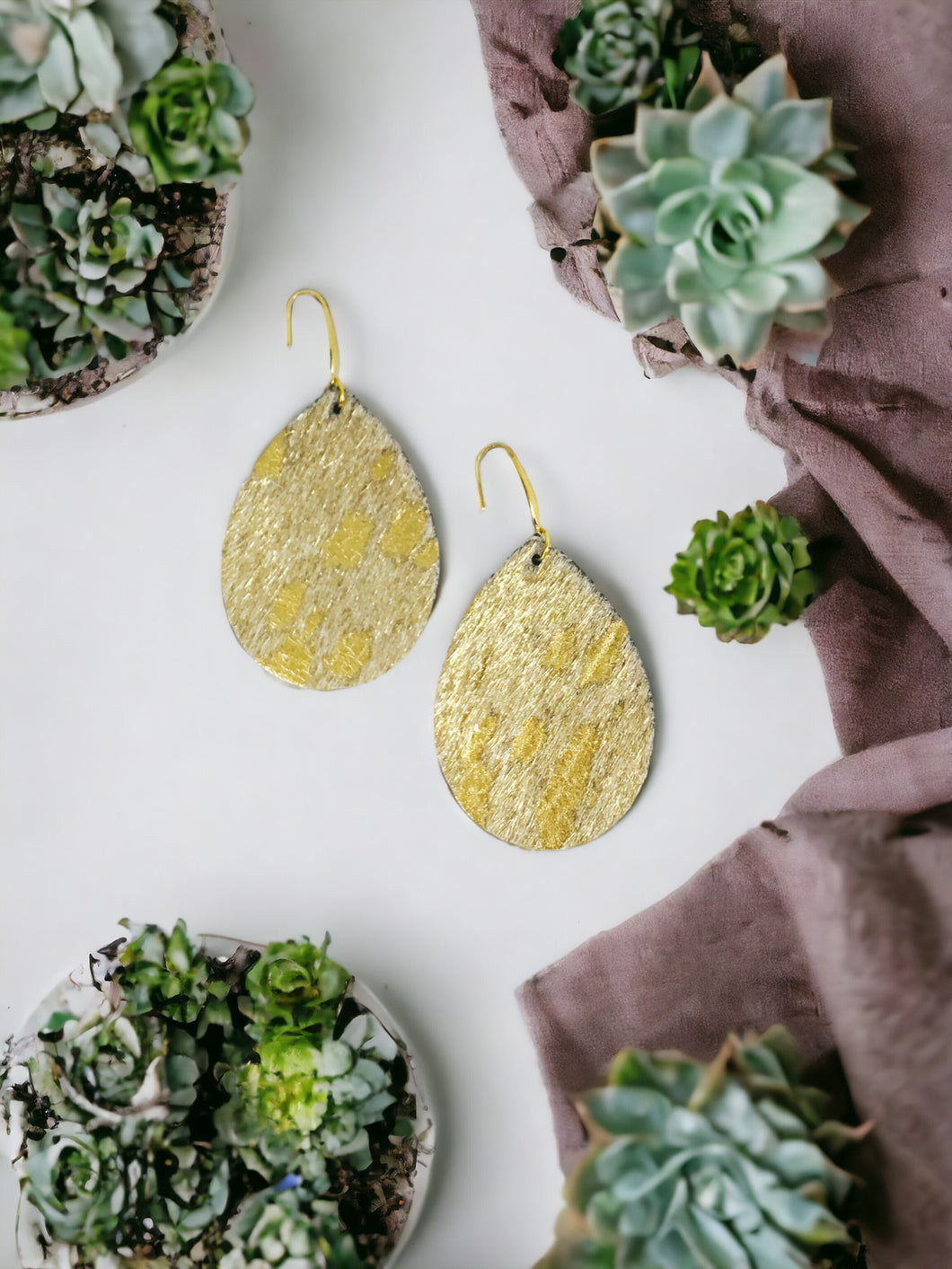 Hair On Metallic Gold Leather Earrings - E19-3537