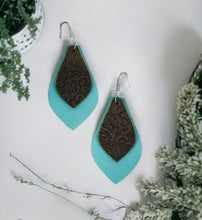 Load image into Gallery viewer, Aqua and Brown Embossed Leather Earrings - E19-362