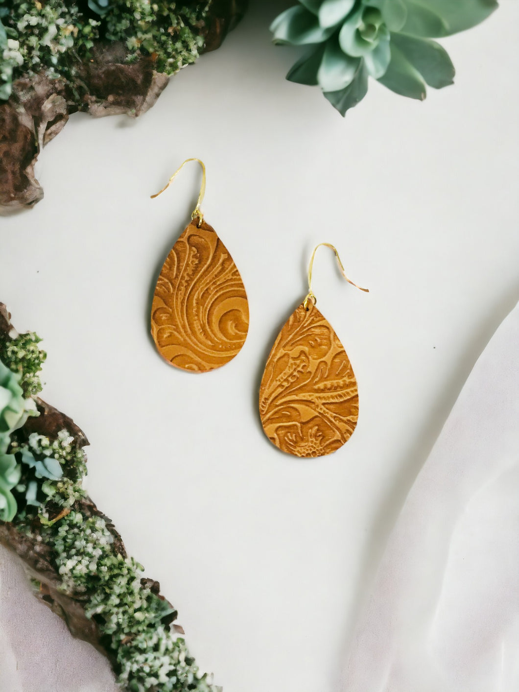 Light Brown Embossed Leather Earrings - E19-3659