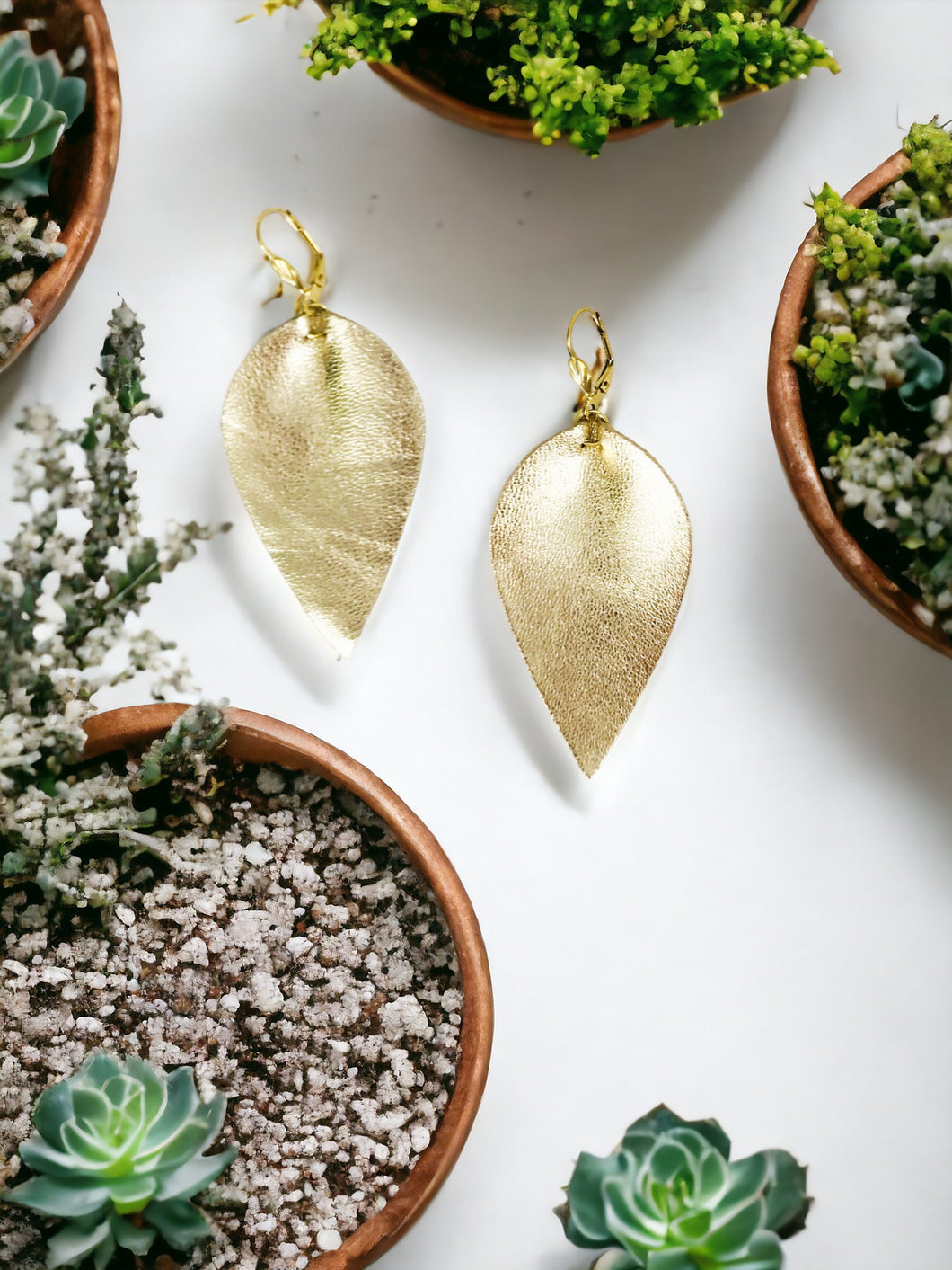 Metallic Gold Pinched Leaf Leather Earrings - E19-3664