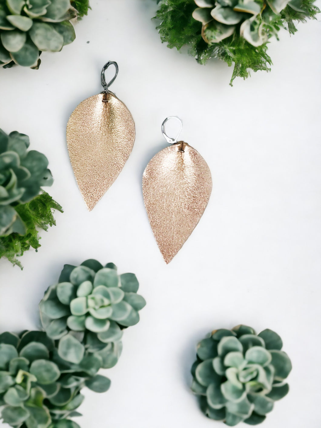 Metallic Rose Gold Pinched Leaf Leather Earrings - E19-3666