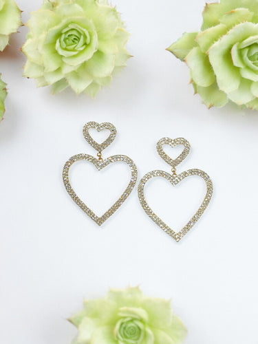 Double Heart Rhinestone Dangle Earrings - E19-3699