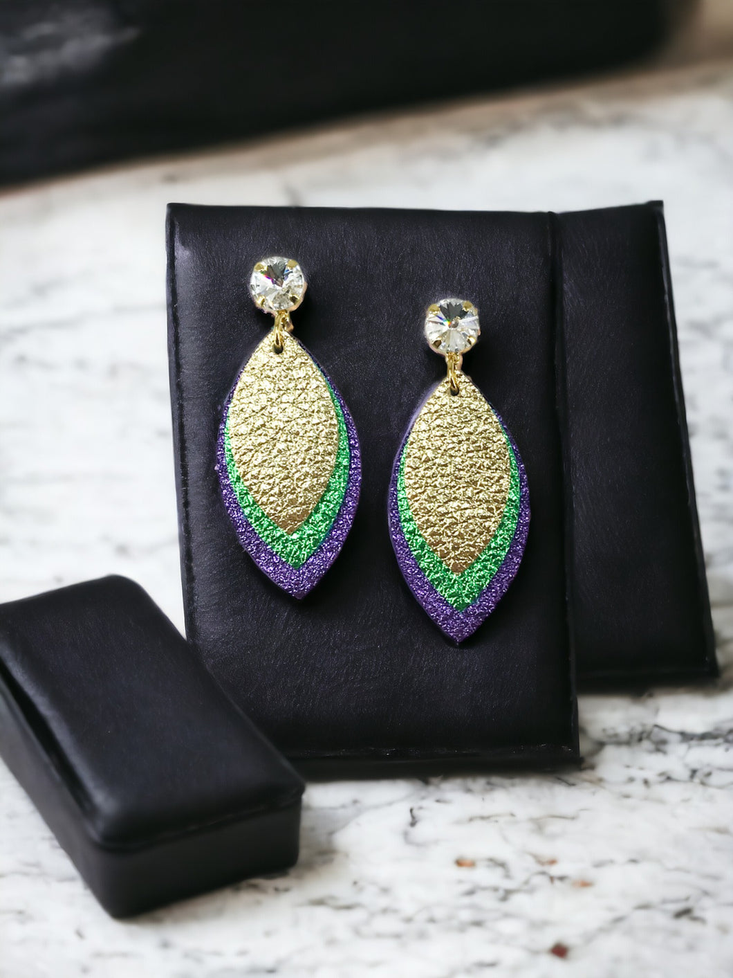 Mardi Gras Themed Crystal & Genuine Leather Earrings - E19-3816