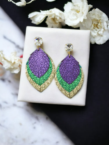 Mardi Gras Themed Crystal & Fringe Leather Earrings - E19-3820