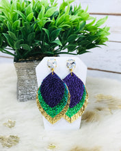 Load image into Gallery viewer, Mardi Gras Themed Crystal &amp; Fringe Leather Earrings - E19-3820