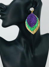 Load image into Gallery viewer, Mardi Gras Themed Crystal &amp; Fringe Leather Earrings - E19-3820