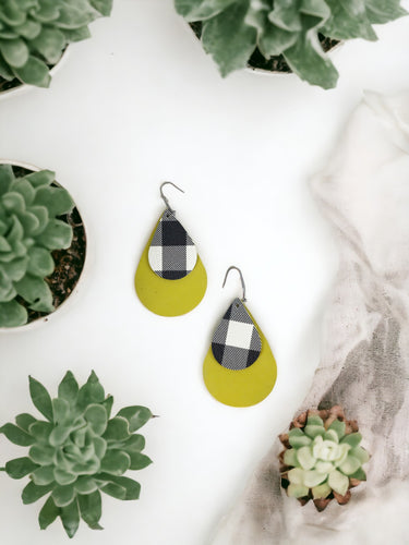 Genuine Yellow and Buffalo Plaid Leather Earrings - E19-398