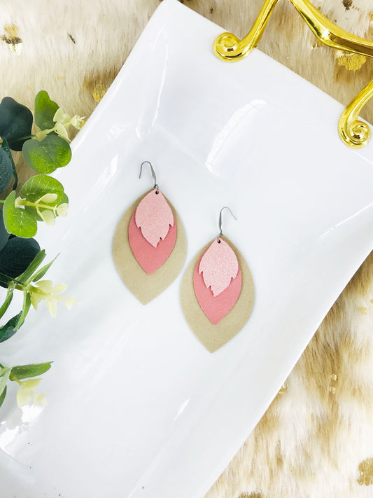 Tan and Pink Genuine Leather Earrings - E19-412