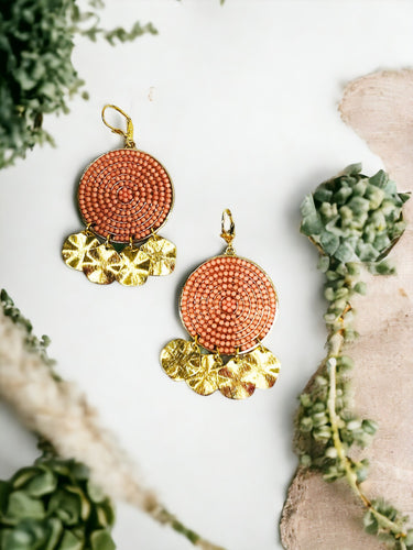 Coral & Gold Pendant Earrings - E19-4284
