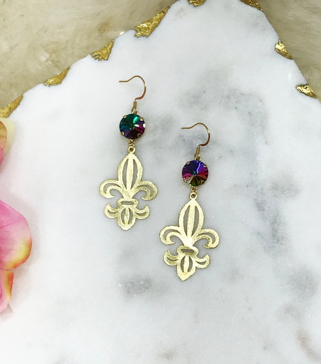 Crystal & Fleur De Lis Pendant Earrings - E19-4305