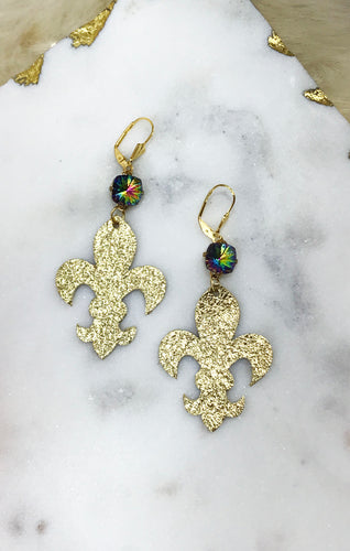 Rhinestone & Leather Fleur De Lis Earrings - E19-4309