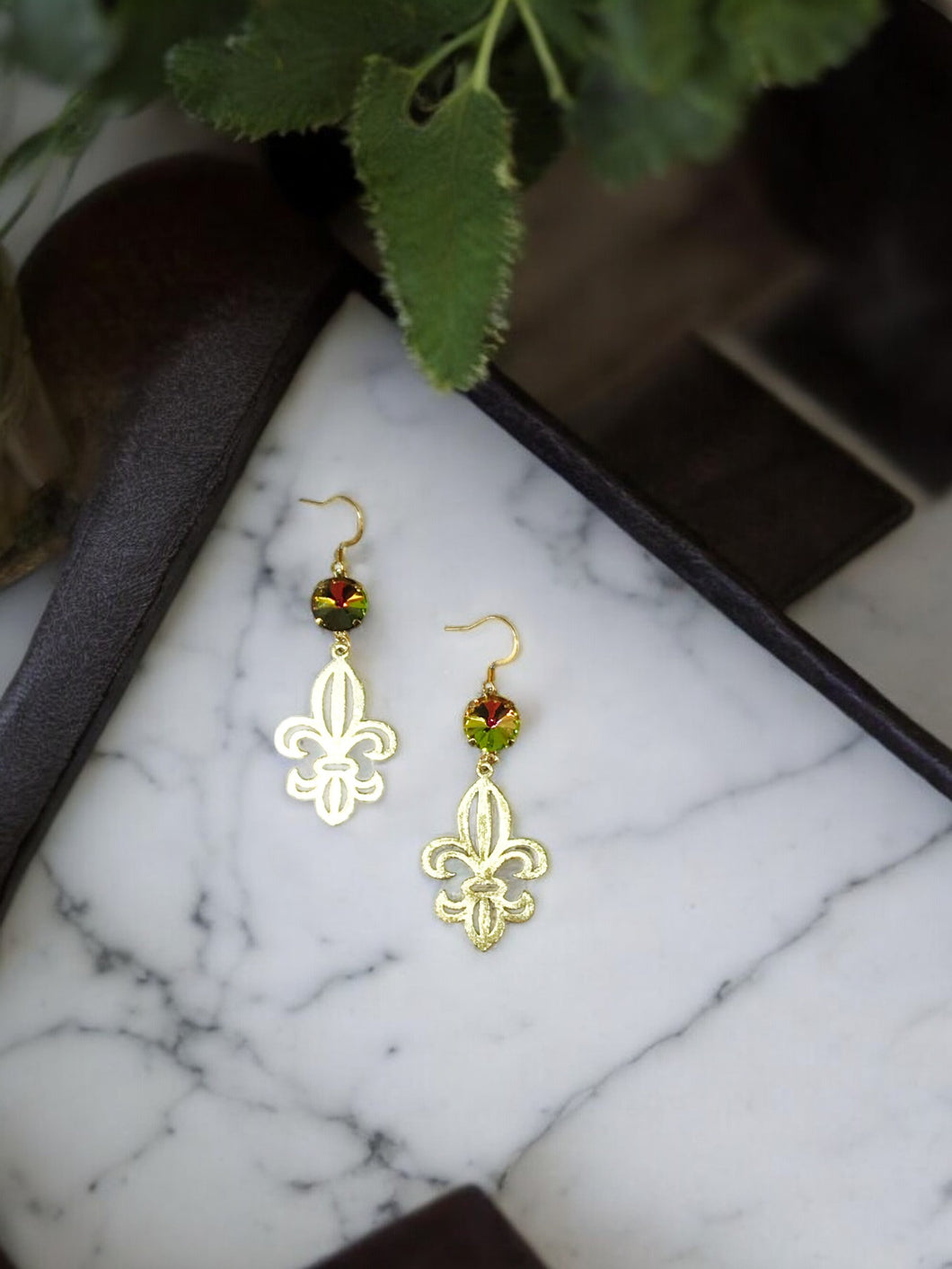 Crystal & Fleur De Lis Pendant Earrings - E19-4329