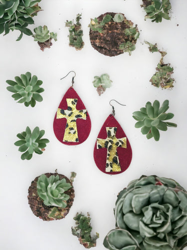 Maroon Suede & Hair On Cross Leather Earrings - E19-4501