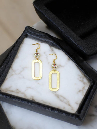 Genuine Crystal & Brushed Gold Rectangle Pendant Earrings - E19-4670