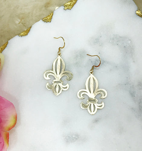 Brushed Gold Fleur De Lis Pendant Earrings - E19-4684