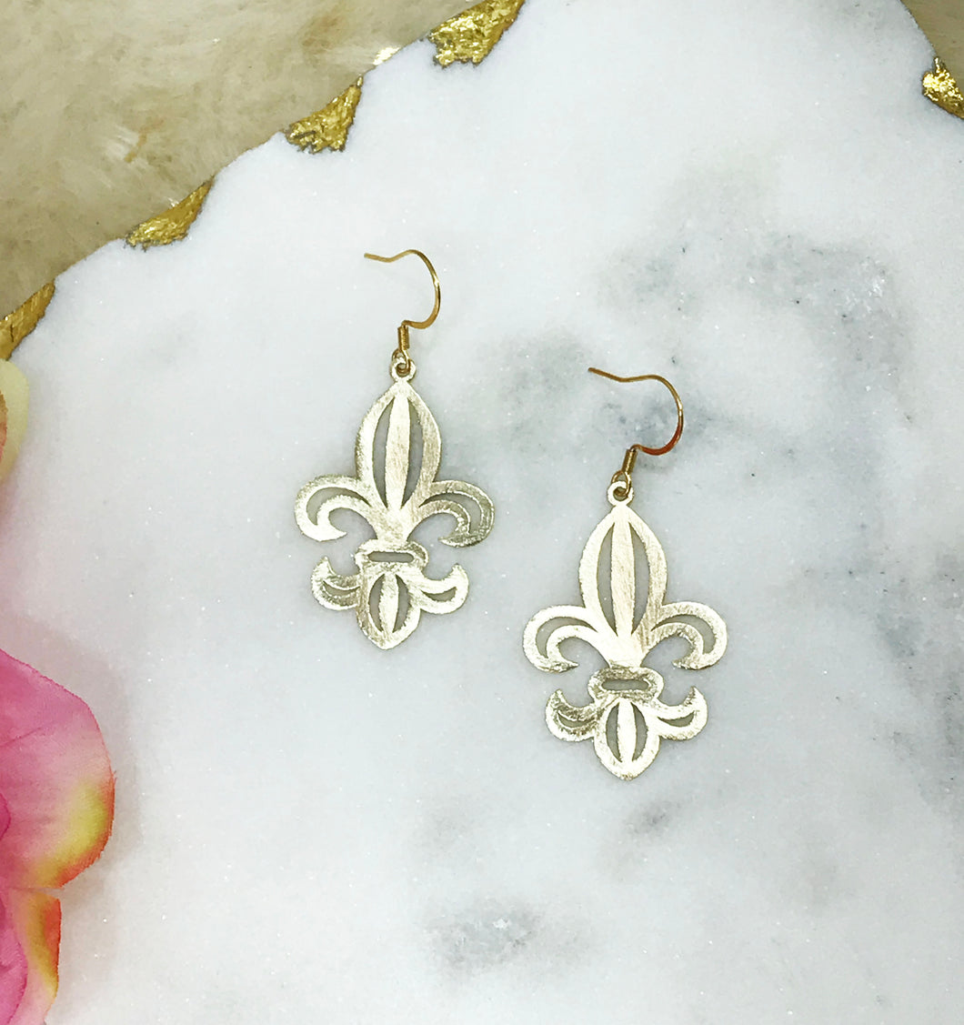 Brushed Gold Fleur De Lis Pendant Earrings - E19-4684