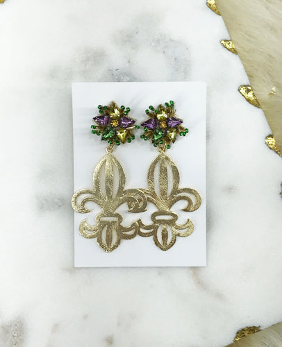 Mardi Gras Themed Fleur De Lis Pendant Stud Earrings - E19-4739