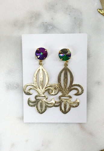 Genuine Crystal & Fleur De Lis Pendant Stud Earrings - E19-4746