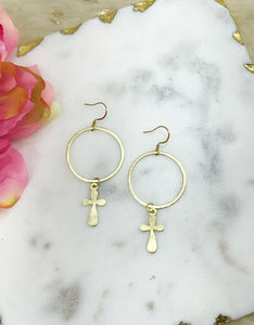 Brushed Gold Hoop & Cross Pendant Earrings - E19-4762