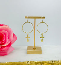 Load image into Gallery viewer, Brushed Gold Hoop &amp; Cross Pendant Earrings - E19-4762