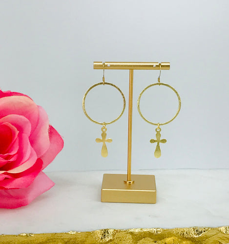 Brushed Gold Hoop & Cross Pendant Earrings - E19-4762