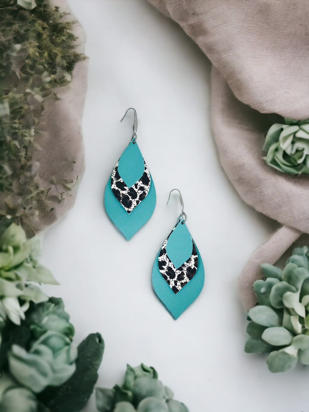 Aqua and Leopard Leather Earrings - E19-477