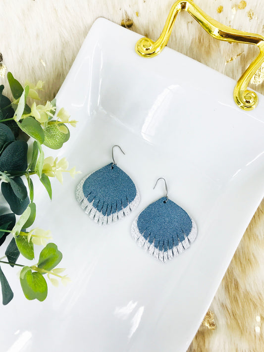 Metallic Silver and Blue Genuine Leather Earrings - E19-527