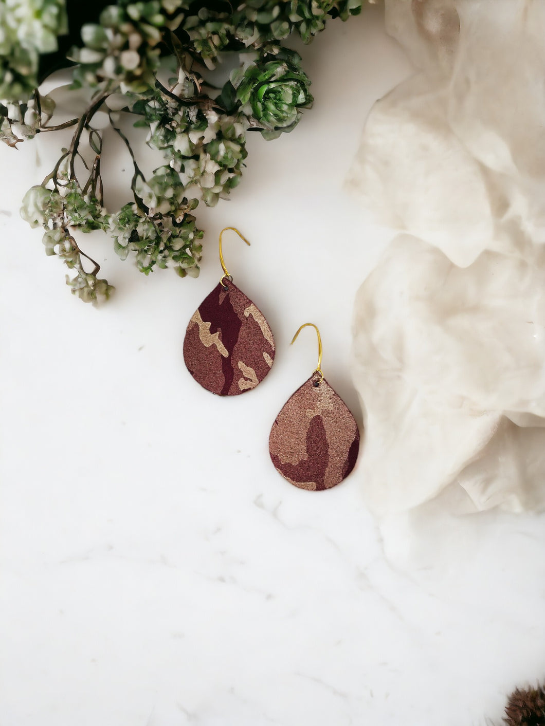 Burgundy Metallic Camo Leather Earrings - E19-681