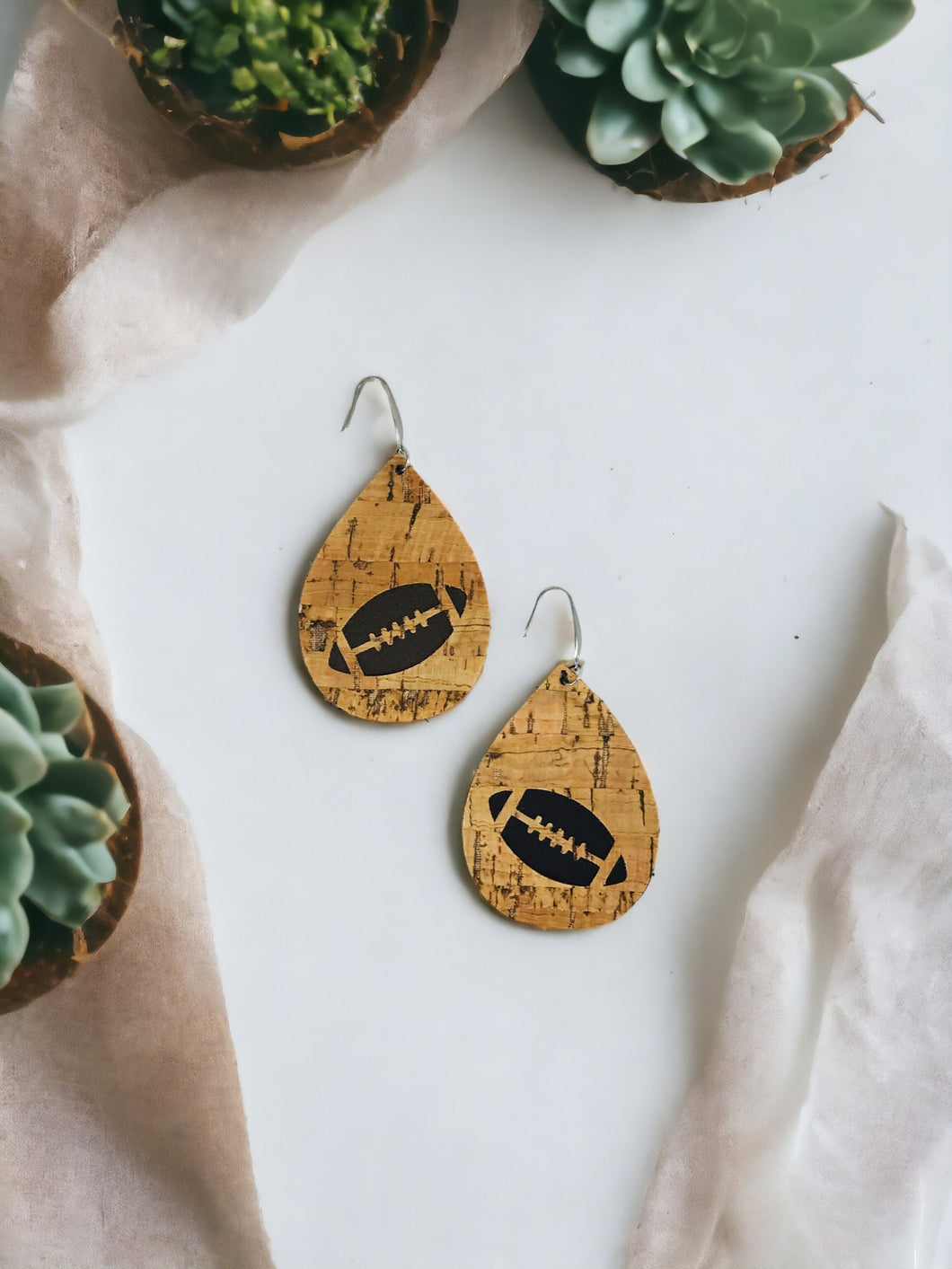 Genuine Leather and Cork Football Earrings - E19-696