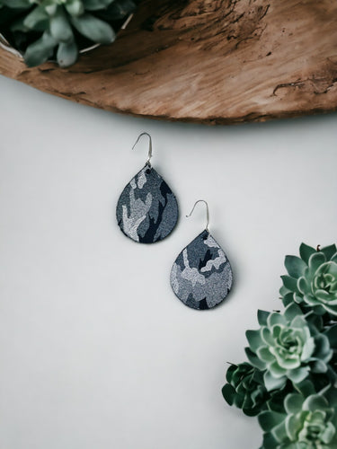 Navy Metallic Camo Leather Earrings - E19-706