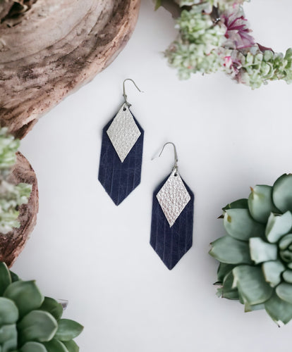 Blue and Silver Genuine Leather Frayed Earrings - E19-711