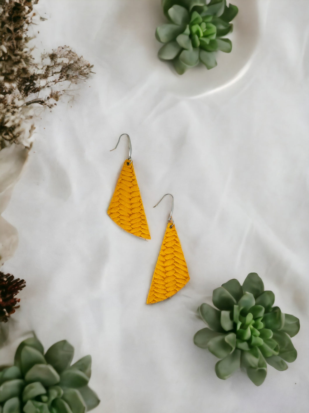 Mustard Braided Fishtail Leather Earrings - E19-716