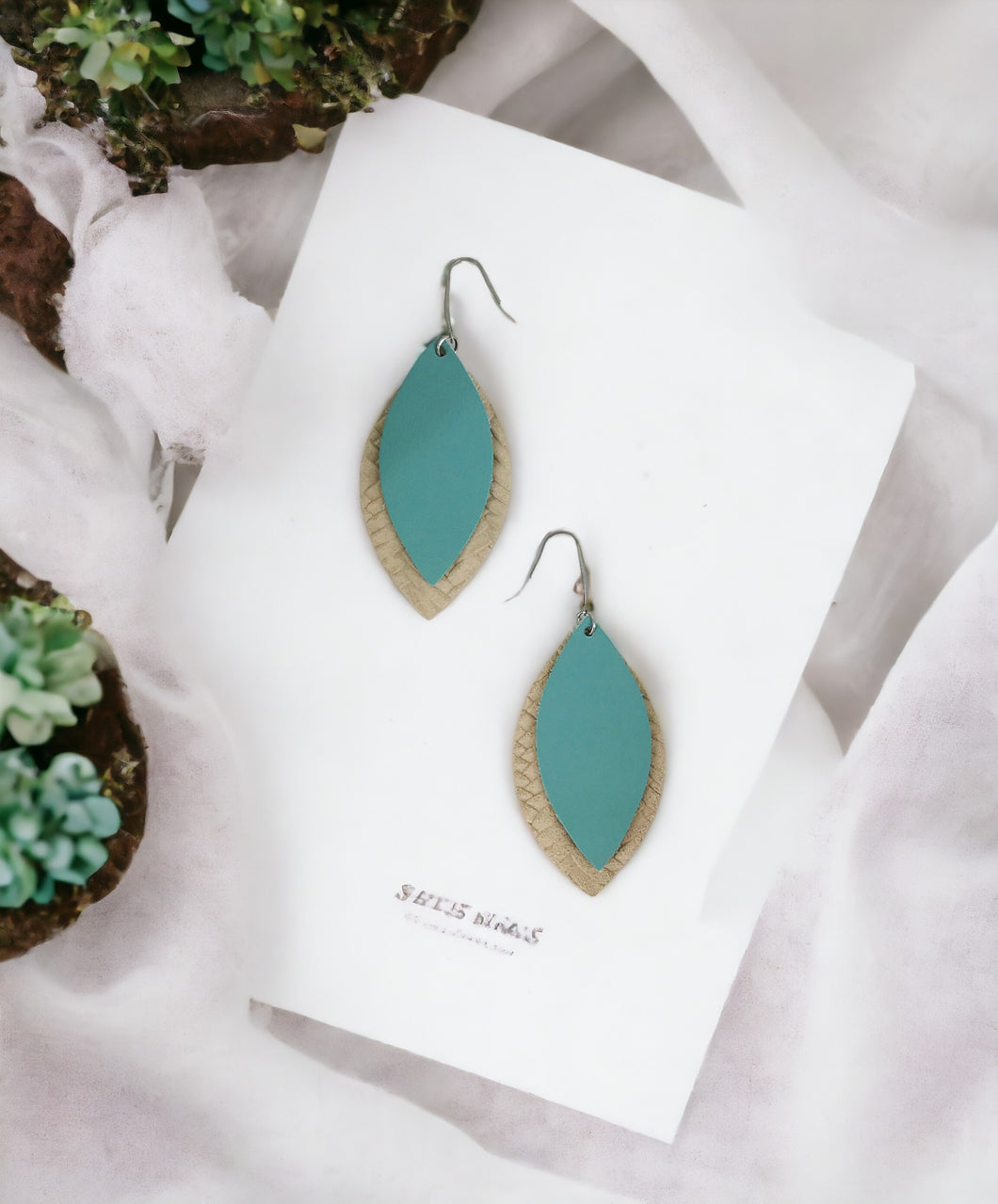 Desert Sand Braided Fishtail Leather and Teal Leather Earrings - E19-730