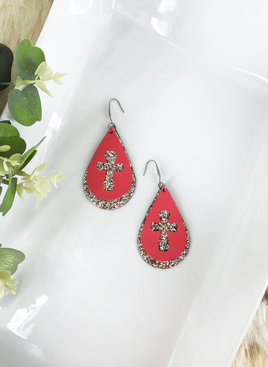 Coral Genuine Leather and Chunky Glitter Cross Earrings - E19-752