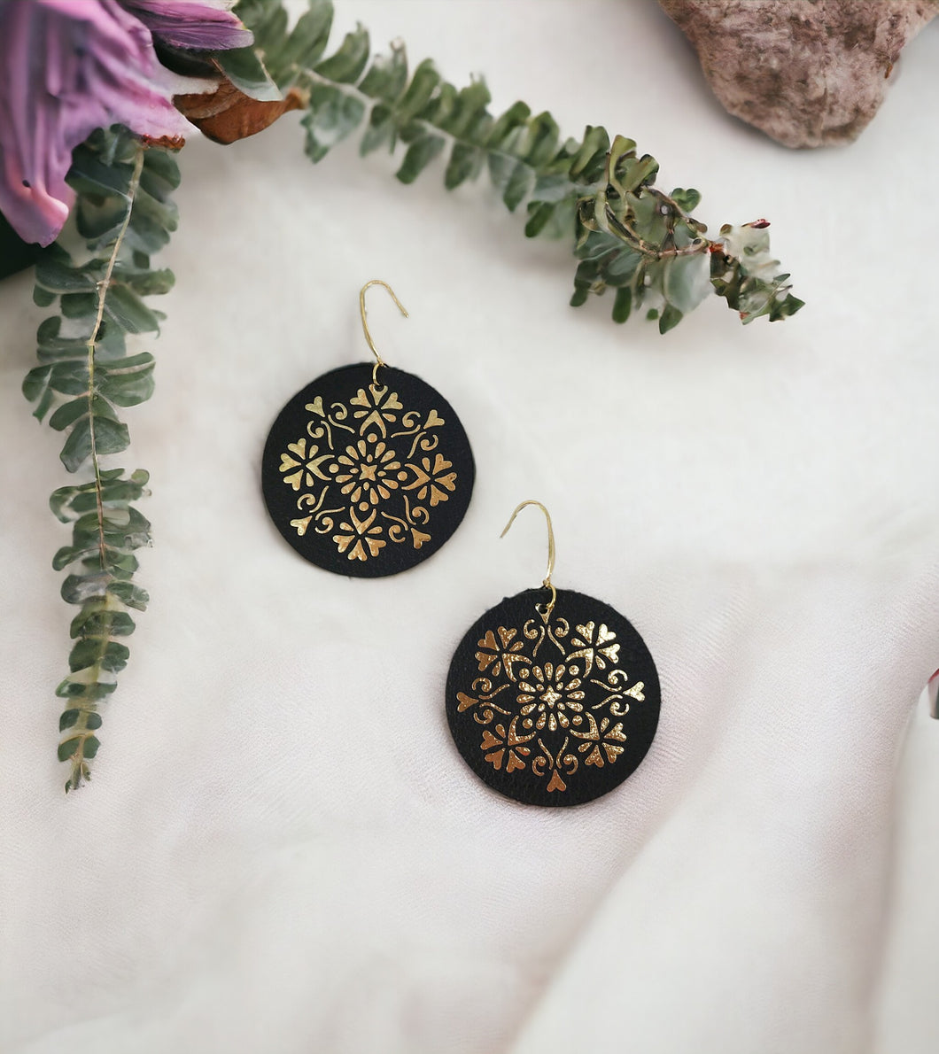 Black Leather and Metallic Gold Earrings - E19-843