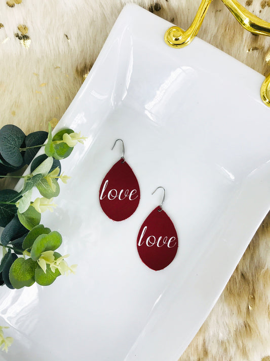 Genuine Red Leather "Love" Earrings - E19-851