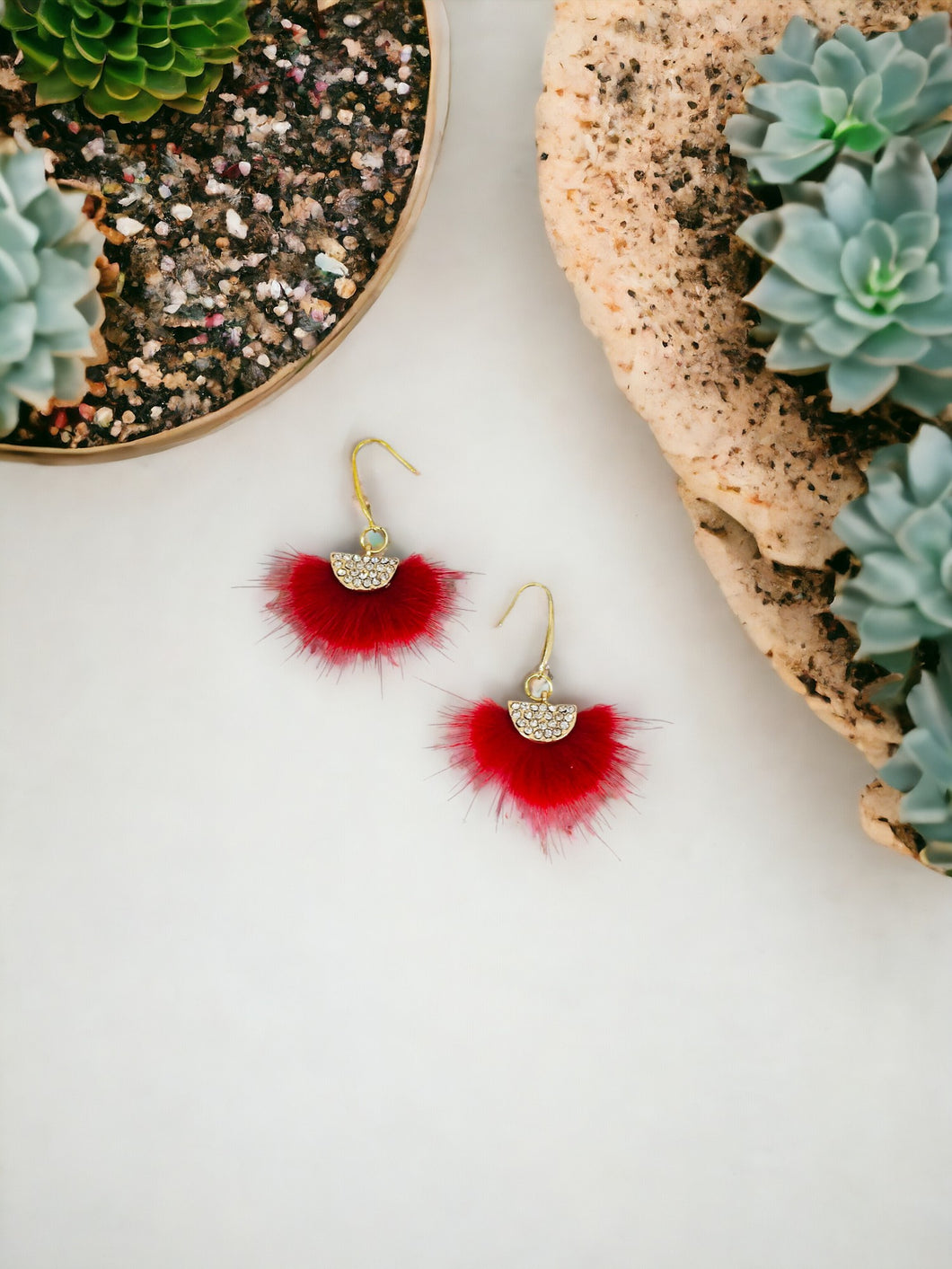 Red Mink Fur Fan Shaped Tassel Earrings - E19-885